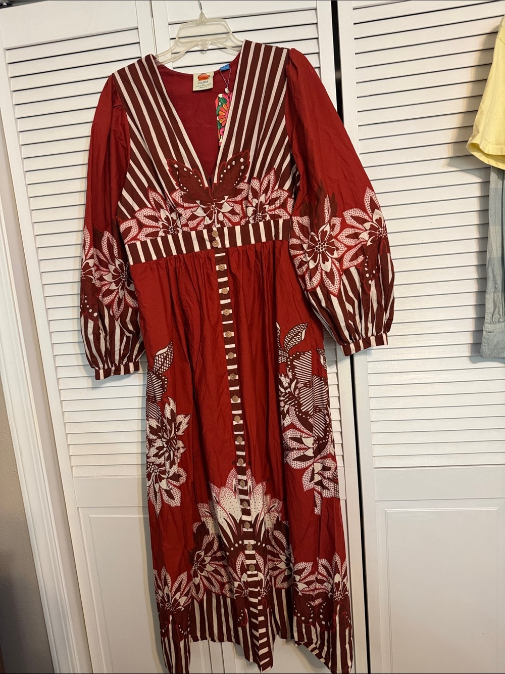 FARM Rio Red Floral-Striped Maxi Dress with Puff Sleeves